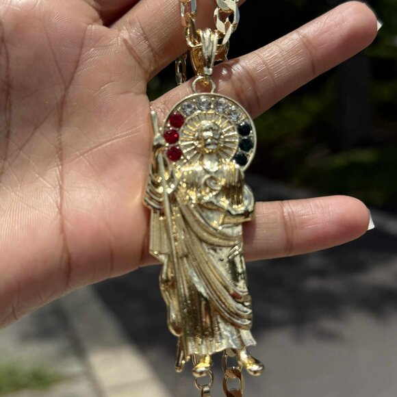 San Judas Tadeo Pendant Religious Necklace 14K GP Miami Cuban Chain 20x4mm - Picture 2 of 5